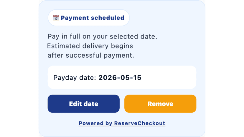 Cart showing selected scheduled payment date