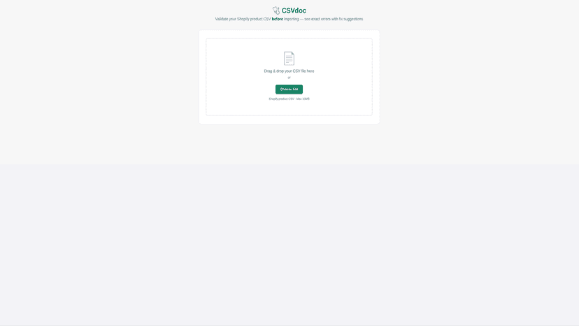 CSV Doctor upload screen with drag and drop interface