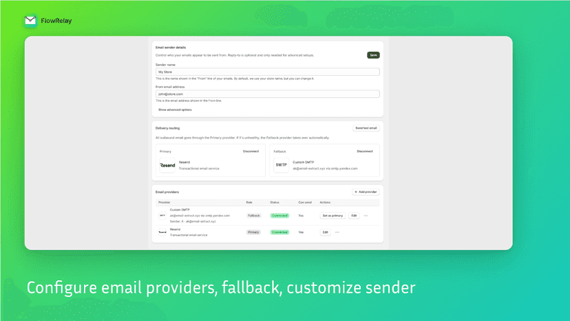 Configure email providers, fallback, customize sender