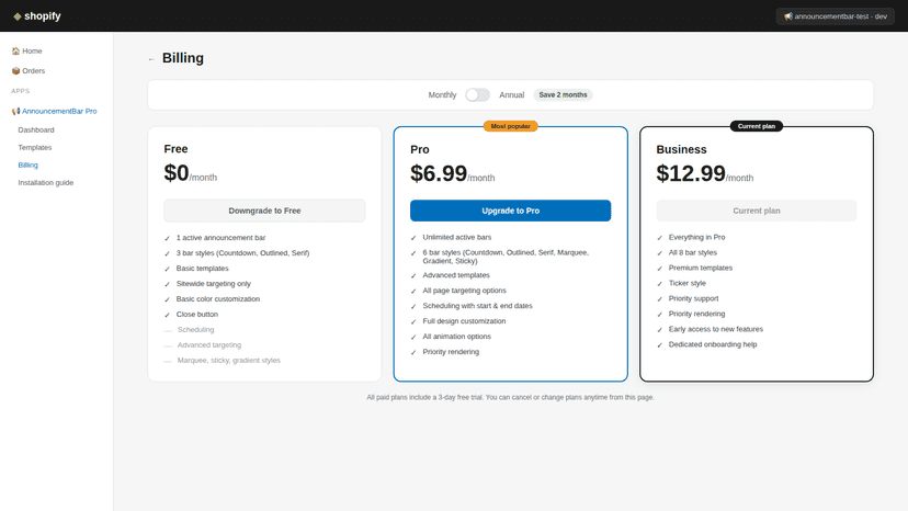 AnnouncementBar pro billing page