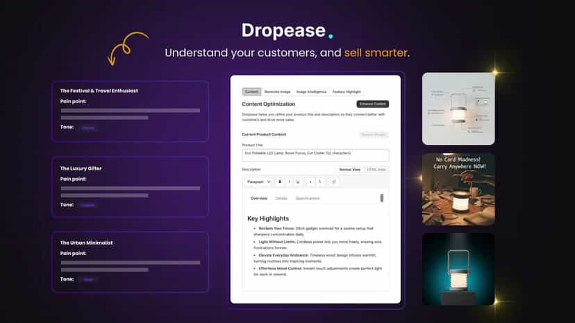 Customer personas shown next to product content optimization UI.