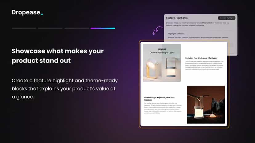 Feature highlights preview showing product image and benefits.