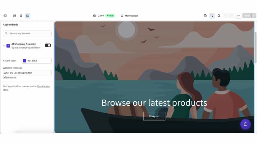 Theme editor with the AI Shopping Assistant embed enabled
