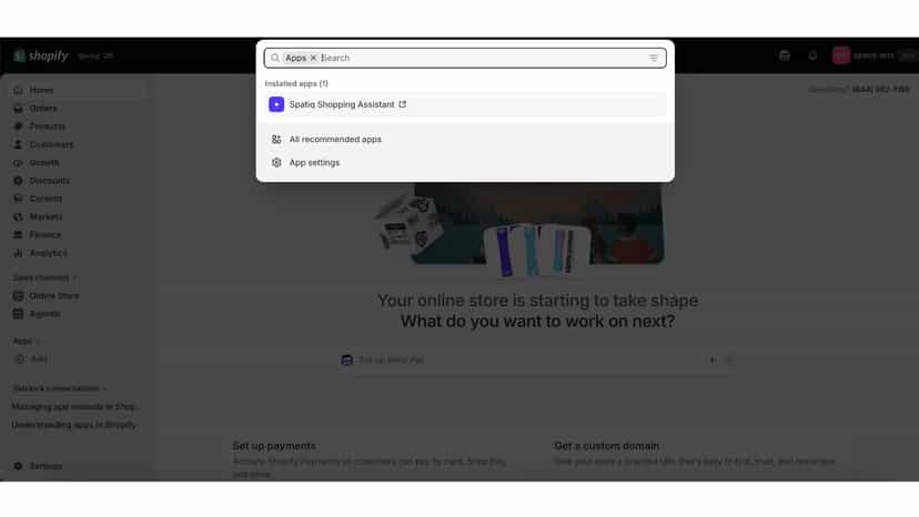 Shopify admin search showing the installed Spatiq AI app