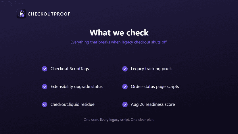 What CheckoutProof checks: ScriptTags, upgrade status, pixels