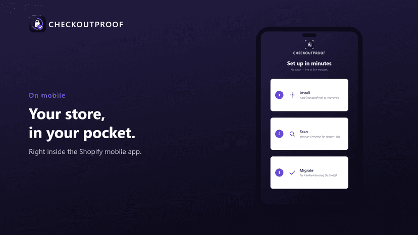 CheckoutProof setup steps, shown on mobile