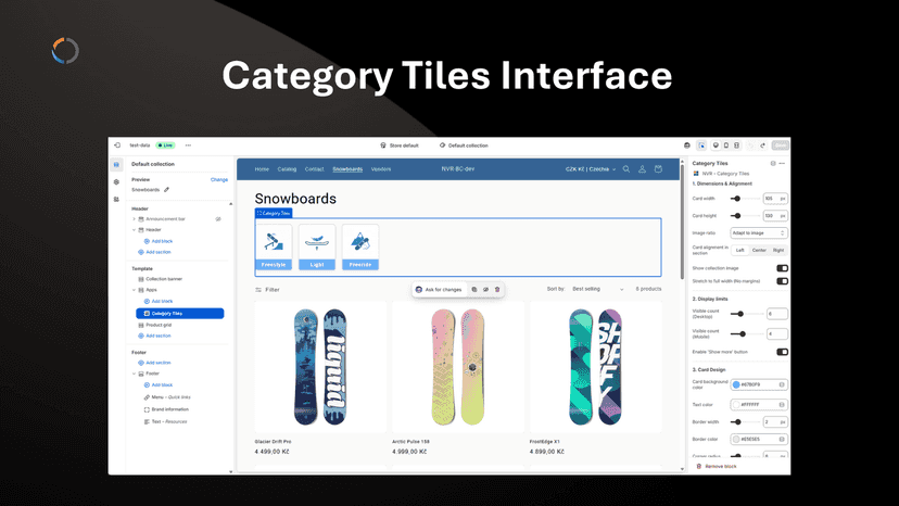 Shopify Theme Editor showing Category Tiles app block