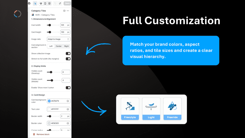 Overview of design settings for Category Tiles