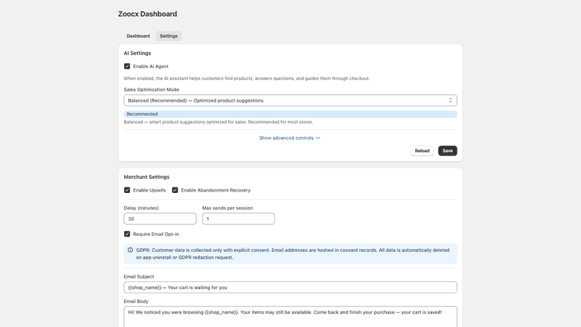Setting for merchant to enable email, AI mode
