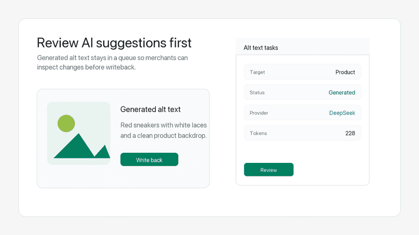 AI alt text task queue and review
