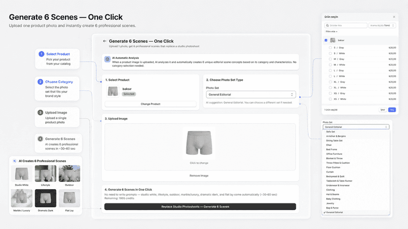 Snap6 one-click AI studio workflow for generating 6 product scen