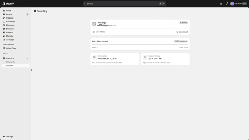 FraudSpy Account Dashboard Page