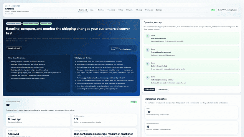 Enstellis dashboard with shipping QA workflow overview