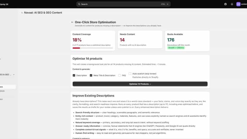 One-click Optimise Store bulk generation screen