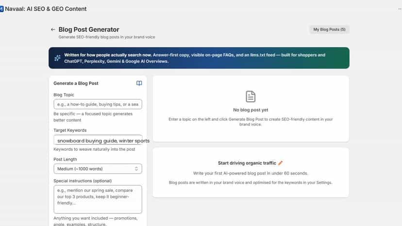 Blog Post Generator creating SEO-optimised blog content