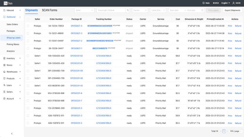 shipping label list page