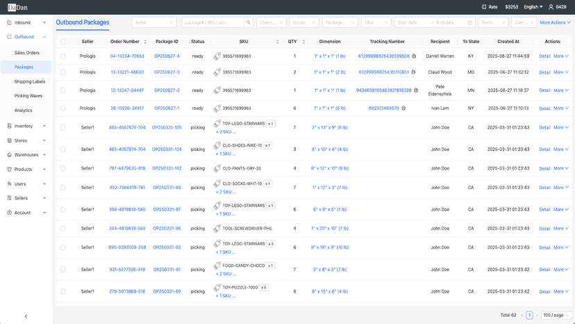 outbound package list page
