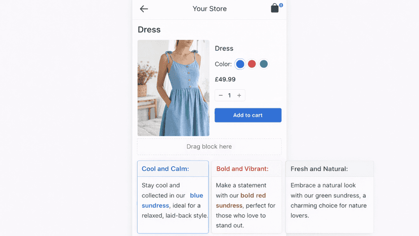 Live storefront showing variant-specific description