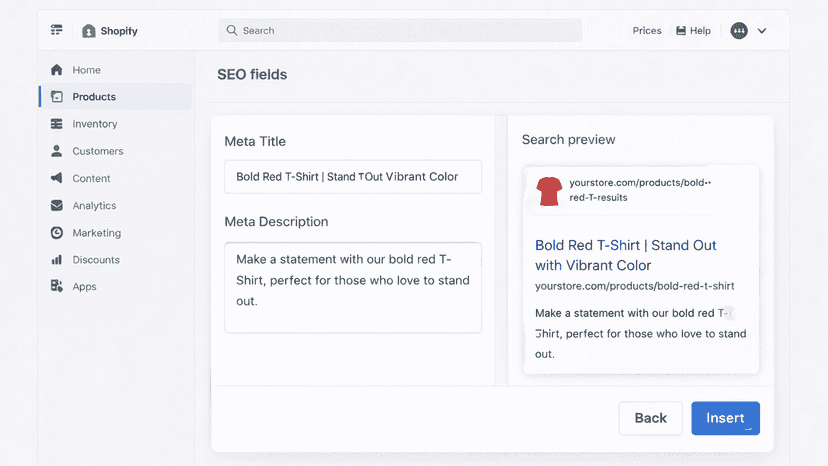 SEO meta fields for each variant with search preview
