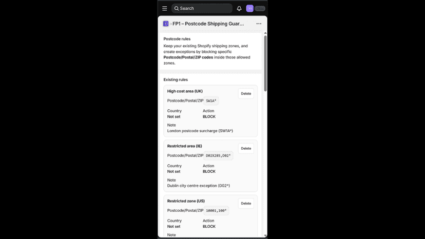 Mobile view: add rule form and Postcode/Postal/ZIP