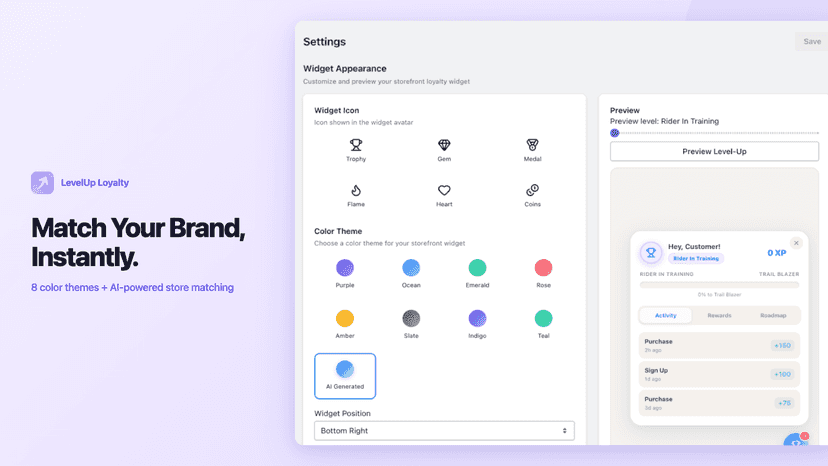 Widget settings with icons, color themes, and live preview