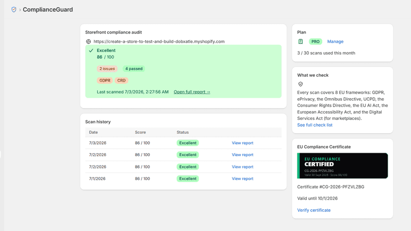 ComplianceGuard dashboard with EU compliance score and history