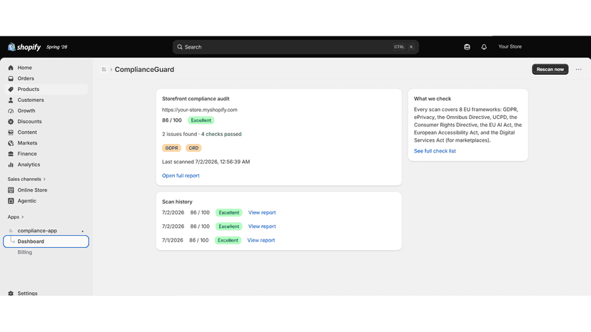 Compliance score, status badges, and scan history in the app