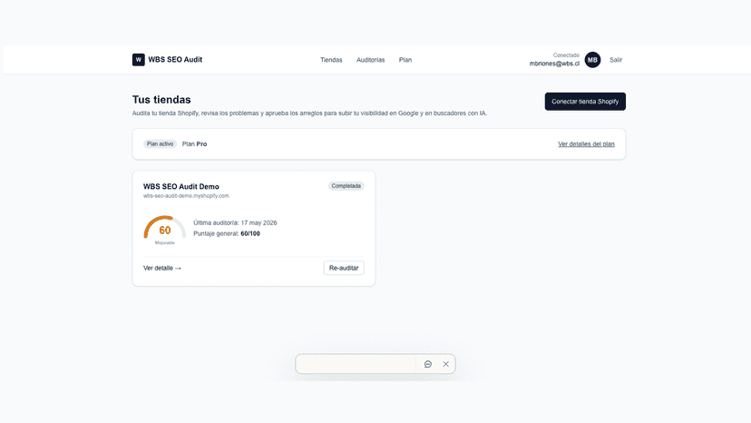 Dashboard con puntaje de visibilidad y tiendas conectadas
