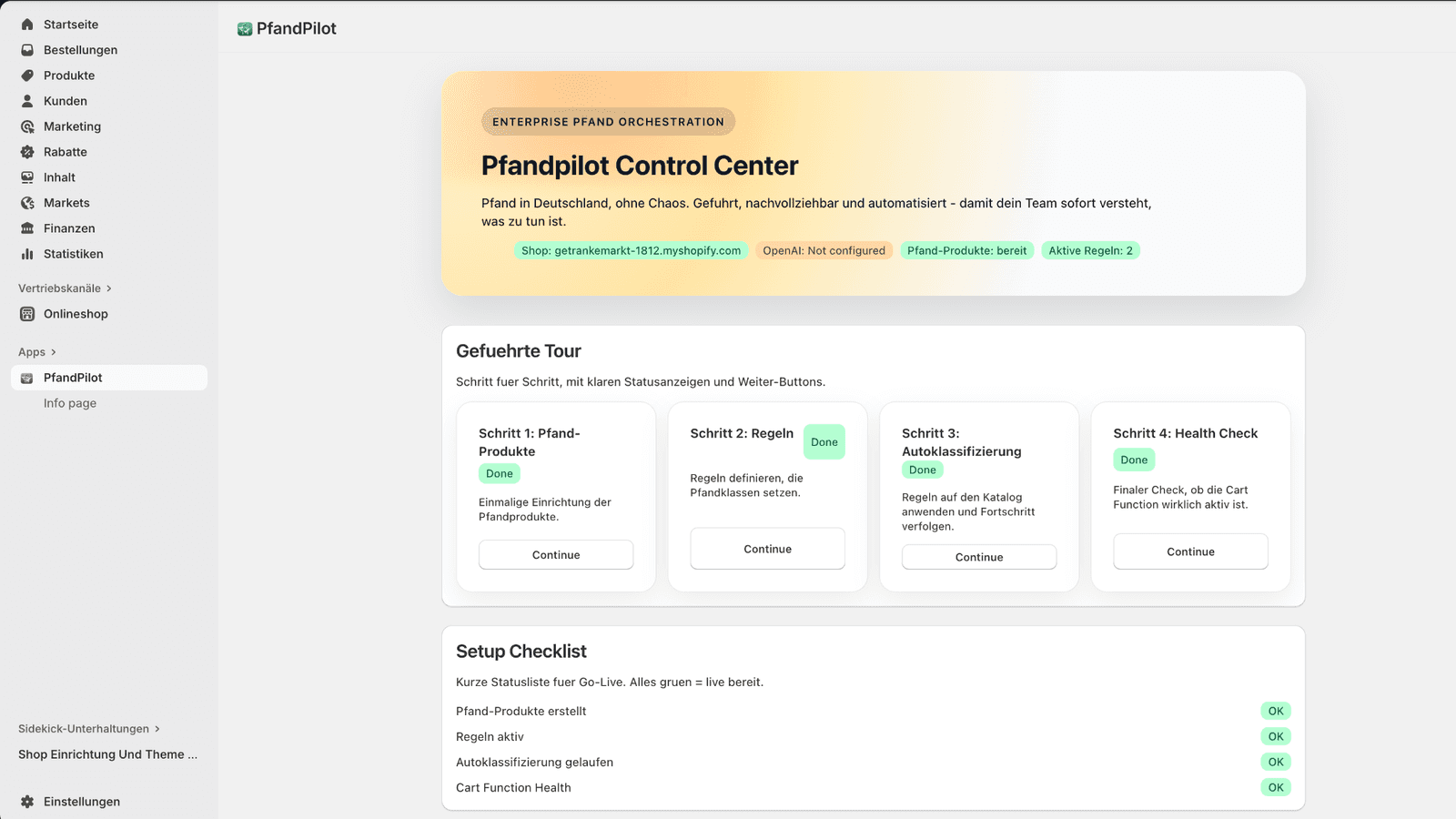 Guided Setup: Pfandprodukte erstellen und Regeln aktivieren