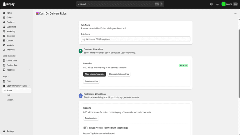 Rule Creation Page Top Opions