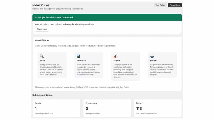Screenshot of the IndexPulse dashboard. A green notification bar