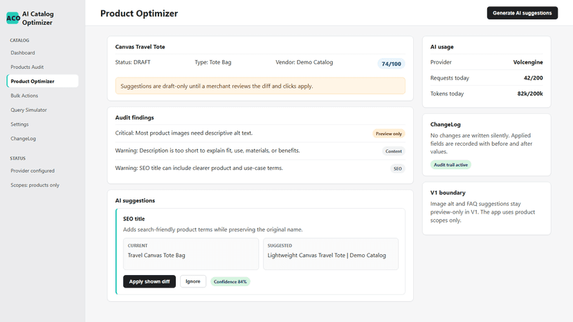 Product optimizer with suggestions and diff preview