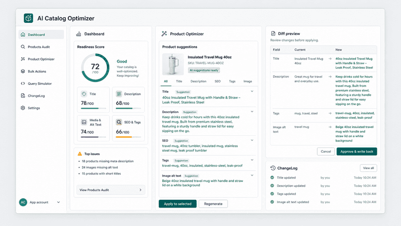 AI catalog dashboard with score and diff preview
