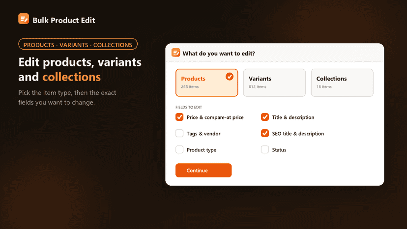 Choosing products, variants or collections and selecting which f
