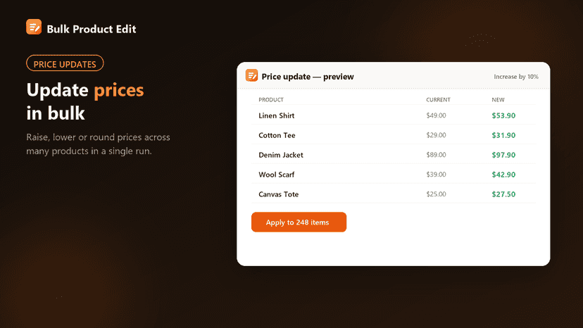 Price update preview showing current and new prices for multiple