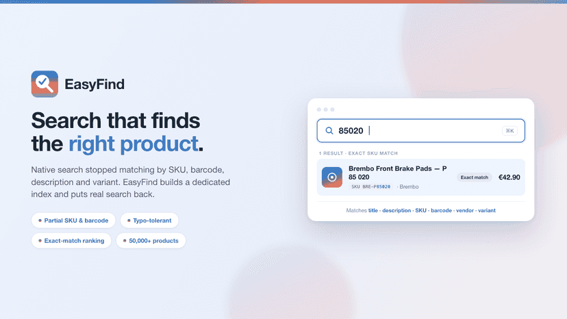 EasyFind search finds products by SKU, barcode and variant