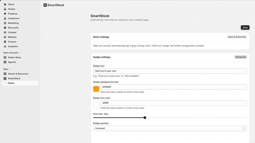 SmartStock settings with badge color and position options