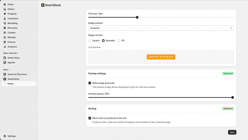 Live badge preview in SmartStock settings