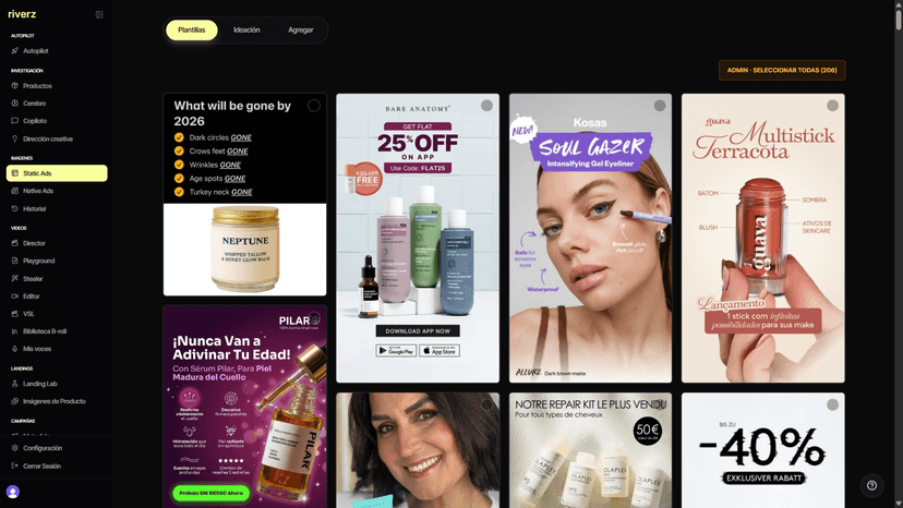 Grilla de anuncios creados con las fotos del producto