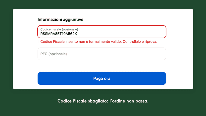 Codice Fiscale field at checkout showing a format error.
