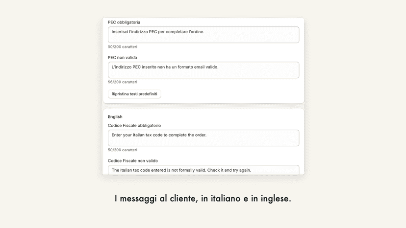Messages page with customer-facing text in Italian and English.