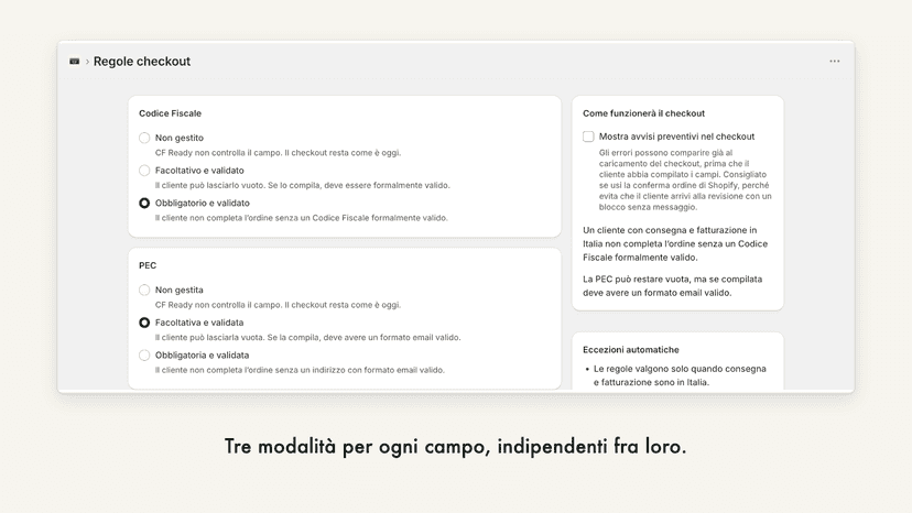 Rules page: Codice Fiscale required, PEC optional.