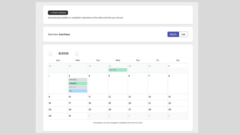 Publishing schedule calendar with color-coded collection events