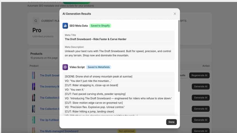 AI results: SEO titles and video scripts popup