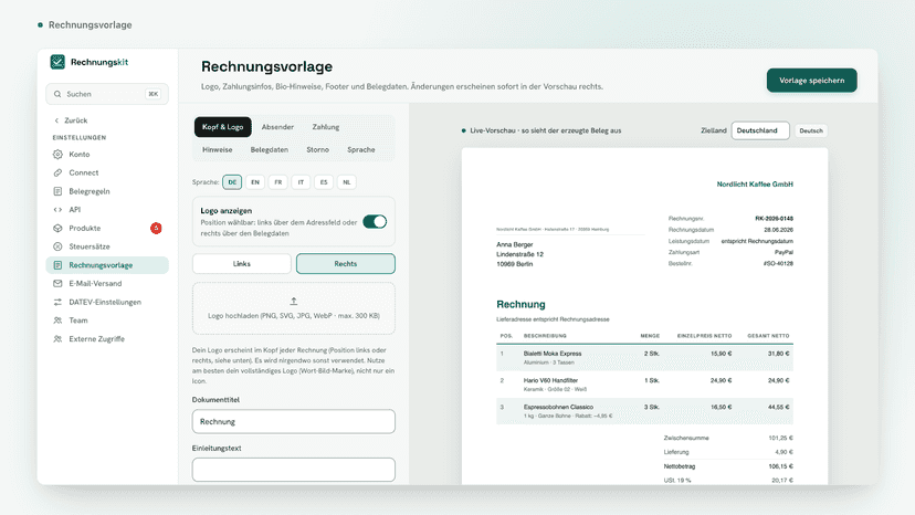 Rechnungsvorlage anpassen: Layout, Farbe, Logo, Sprachen