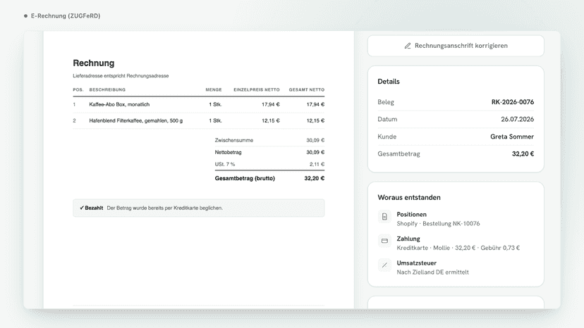 E-Rechnung nach ZUGFeRD mit PDF-Vorschau und Archiv-Status