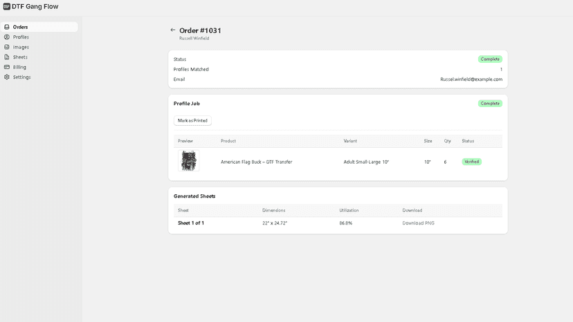 Order detail page with generated gang sheets ready for download