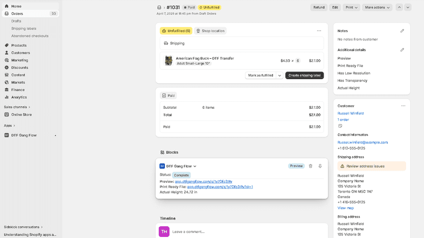 DTF Gang Flow block on Shopify order page showing order status,