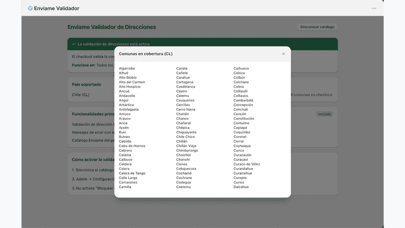 Panel Enviame con catálogo sincronizado y validación activa