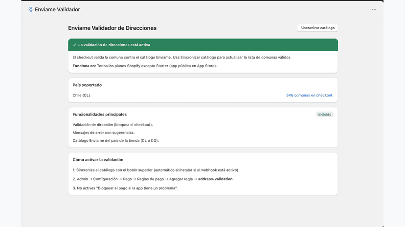 Panel de Enviame Validador de direcciones en Shopify